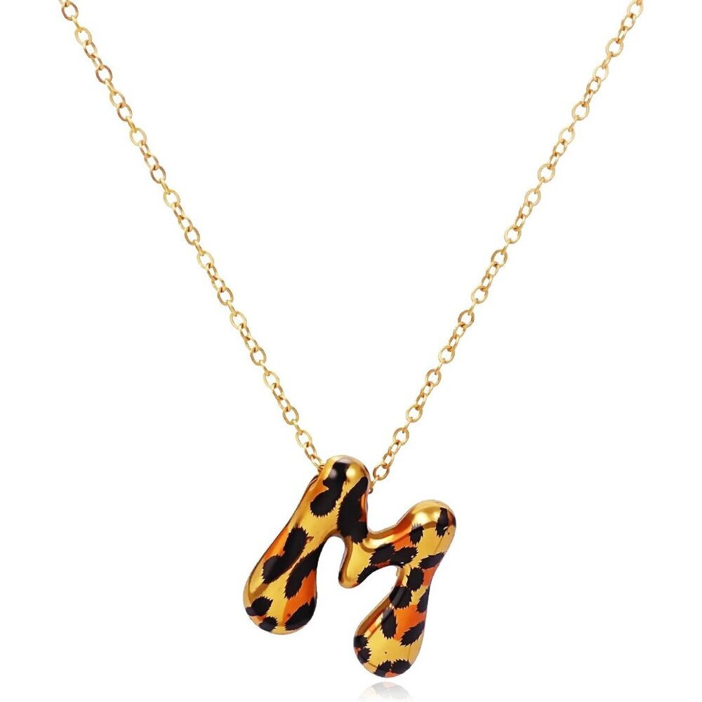 Personalized Leopard Print Bubble Letter Necklace - 14k Gold Plated Initials